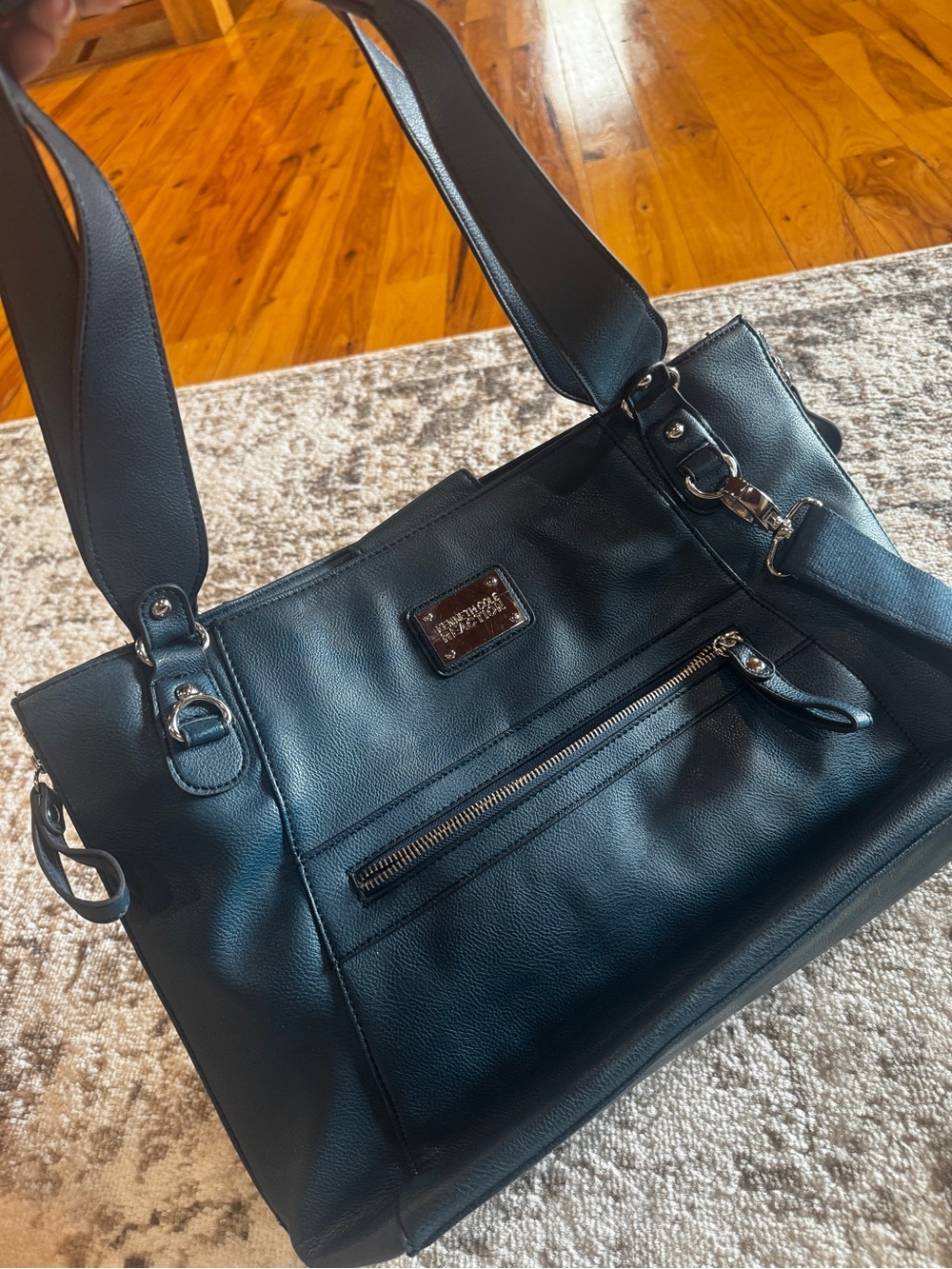 Kenneth Cole Blue Faux Leather Shoulder Bag with Front Zip Pocket